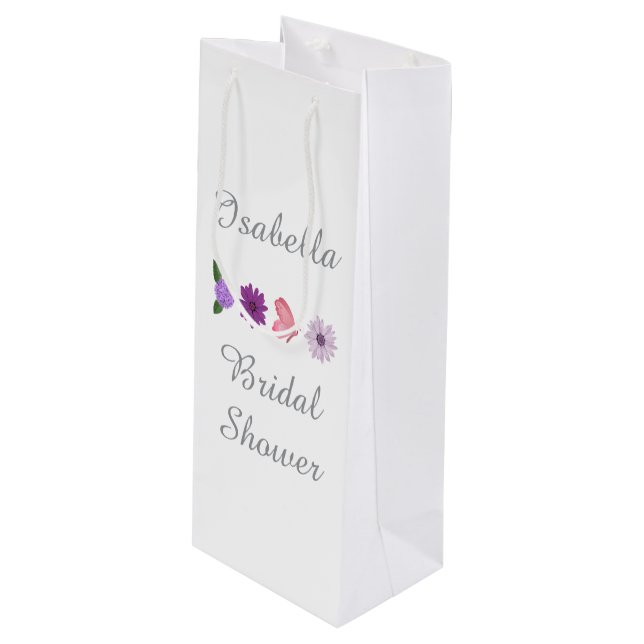 Floral & Butterfly Bridal Shower, Custom Party Wine Gift Bag (Front Angled)