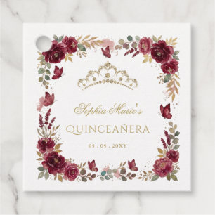Floral Butterfly Burgundy Gold Tiara Quinceañera Favour Tags