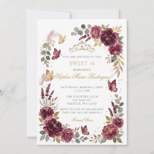 Floral Butterfly Burgundy Gold Tiara Sweet 16 Invitation