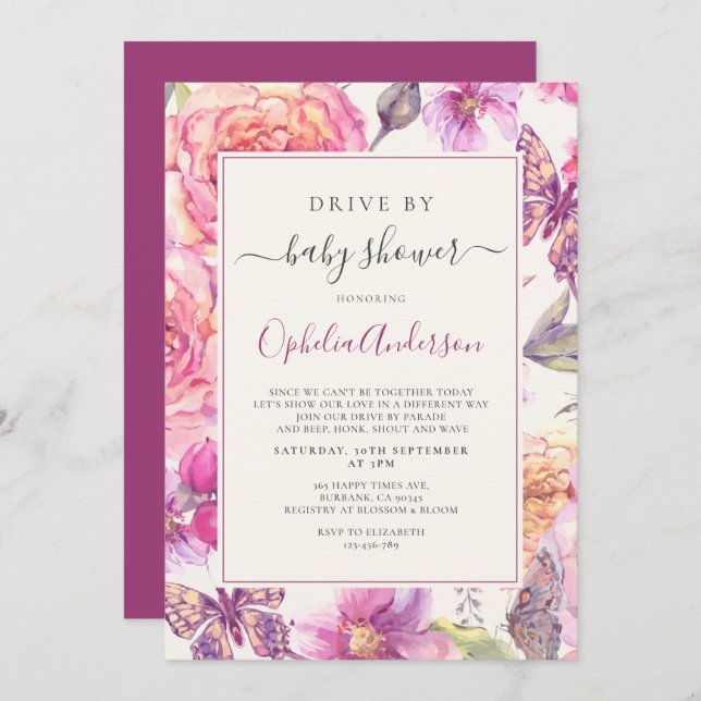 Floral Butterfly Drive By Baby Shower Invitation (Front/Back)