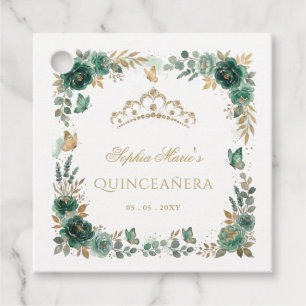 Floral Butterfly Emerald Gold Tiara Quinceañera Favour Tags