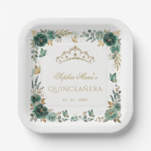 Floral Butterfly  Emerald Gold Tiara Quinceañera Paper Plate