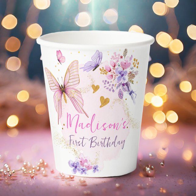 Floral Butterfly Garden Pink Purple Girl Birthday Paper Cups (Creator Uploaded)