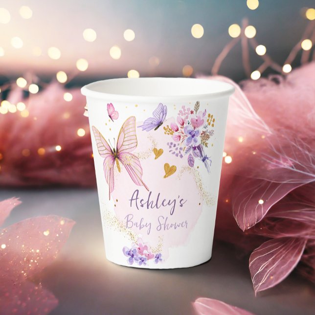 Floral Butterfly Garden Pink Purple Girl Shower Paper Cups (Creator Uploaded)