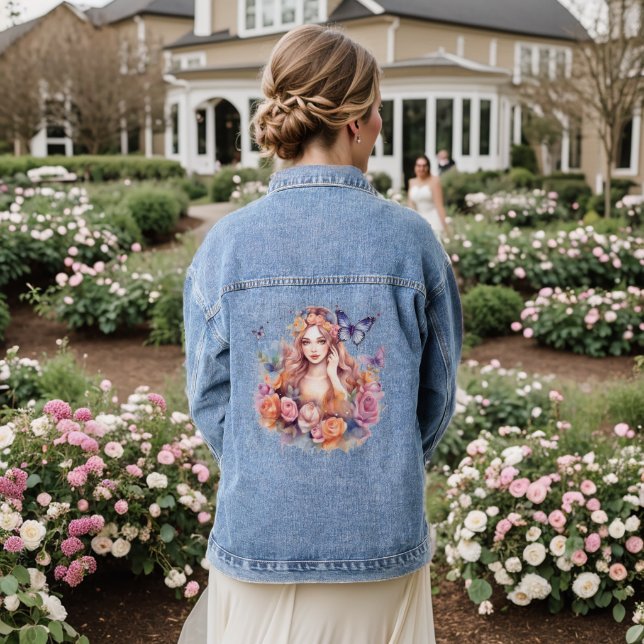 Floral Butterfly Girl Elegant Modern Trendy Denim Jacket (Wedding Back)