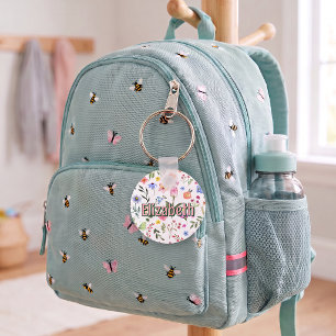 Floral Butterfly Girl Personalised School Bag Tag Key Ring