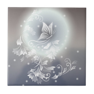 Floral Butterfly Grey Blue Animal Fantasy Tile