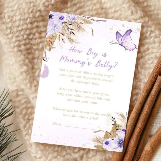Floral Butterfly How Big Mummy's Belly Game (Purple Baby Shower How Big Is Mommy's Belly Game)