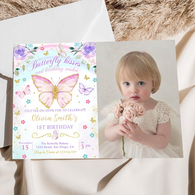 Floral Butterfly Kisses and Birthday Wishes Photo Invitation (Creator Uploaded)