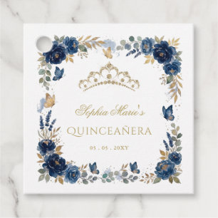Floral Butterfly Navy Gold Tiara Quinceañera Favour Tags