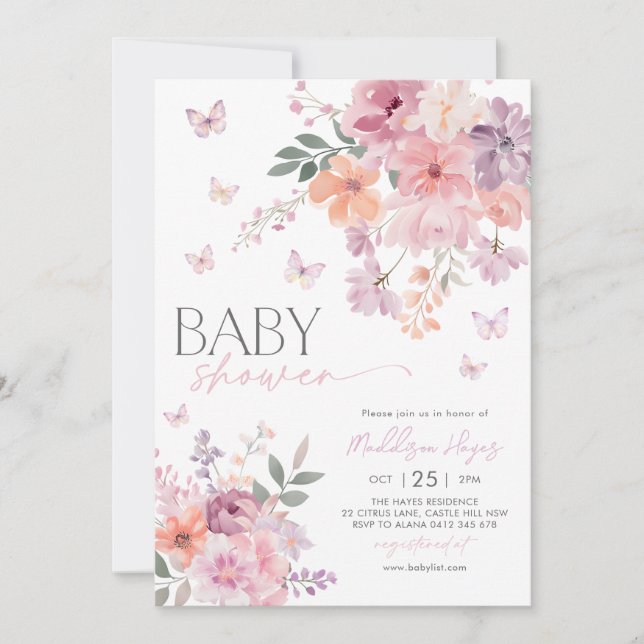 Floral Butterfly Pink Peach Purple Baby Shower Invitation (Front)