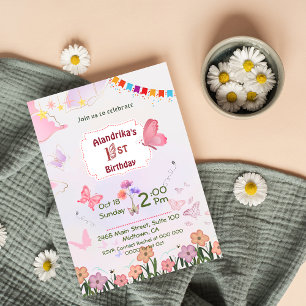 Floral butterfly pink & white 1st modern birthday  invitation