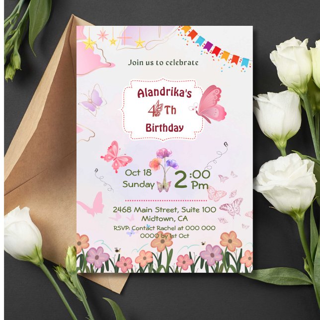Floral butterfly pink & white 4th modern birthday invitation (Creator Uploaded)
