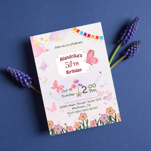 Floral butterfly pink & white 5th modern birthday invitation