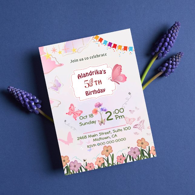 Floral butterfly pink & white 5th modern birthday invitation (Creator Uploaded)