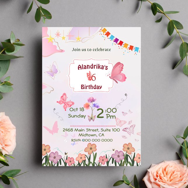 Floral butterfly pink & white 5th modern birthday invitation (Creator Uploaded)
