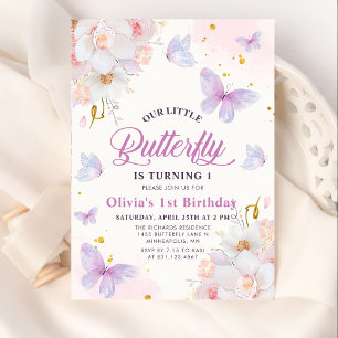 Floral Butterfly Purple Girl Birthday Invitation