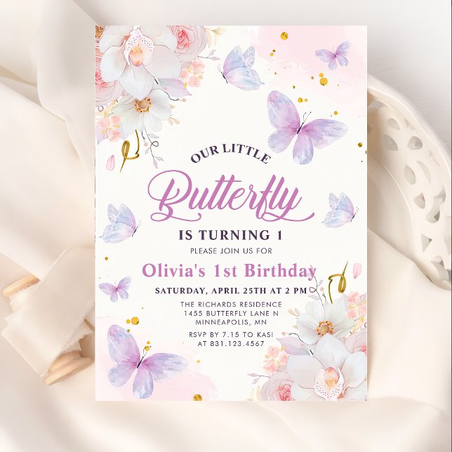 Floral Butterfly Purple Girl Birthday  Invitation (Creator Uploaded)
