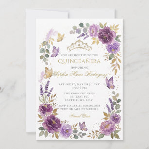 Floral Butterfly Purple Gold Tiara Quinceañera Invitation