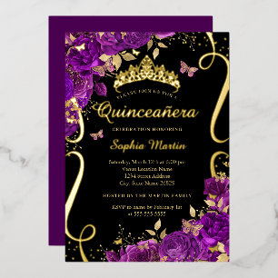 Floral Butterfly Scroll Purple Black Quinceanera 