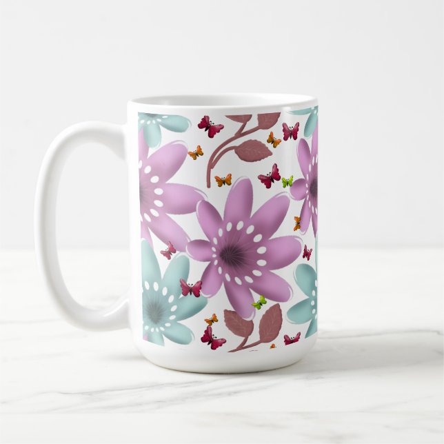 Floral Butterfly Seamless Pattern | Pink and Mint  Coffee Mug (Left)