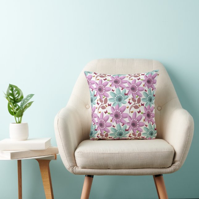 Floral Butterfly Seamless Pattern | Pink and Mint  Cushion (Chair)