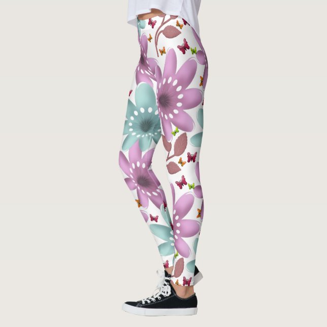 Floral Butterfly Seamless Pattern | Pink and Mint  Leggings (Left)