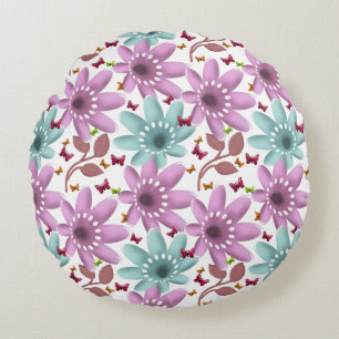 Floral Butterfly Seamless Pattern   Pink and Mint  Round Cushion