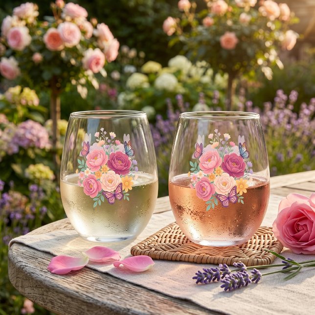 Floral Butterfly Set of 2  Stemless Wine Glass (Creator Uploaded)