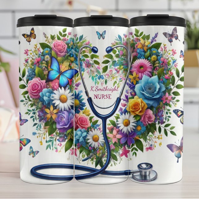Floral Butterfly Stethoscope Nurse Heart Thermal Tumbler (Creator Uploaded)
