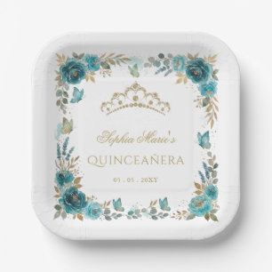 Floral Butterfly Teal Gold Tiara Quinceañera Paper Plate