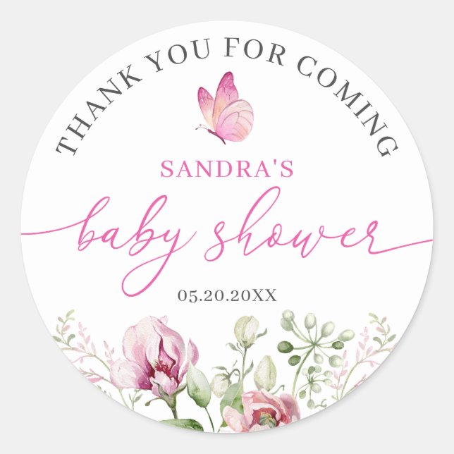 Floral Butterfly Thank You Baby Shower Classic Round Sticker (Front)