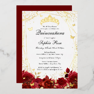 Floral Butterfly Tiara Red Gold Quinceanera