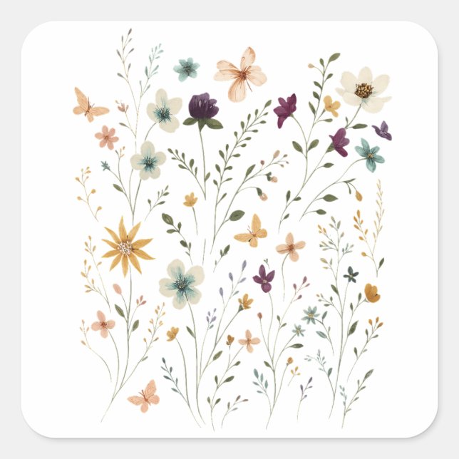 Floral & Butterfly,  Whimsical Garden-Inspired  Square Sticker (Front)