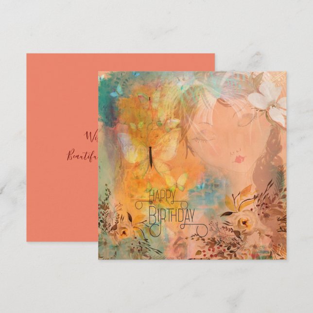 Floral Butterfly Whimsical Girl Happy Birthday Card (Front/Back)