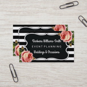 Floral BW Brackets Stripes Event Planning Business Card