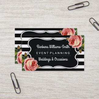 Floral BW Brackets | Stripes Event Planning Business Card