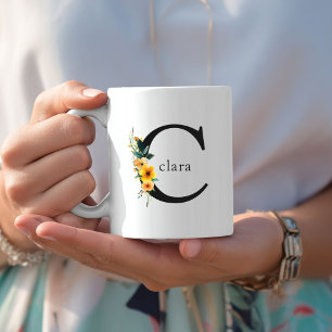 Floral C Monogram Mug with Editable Name