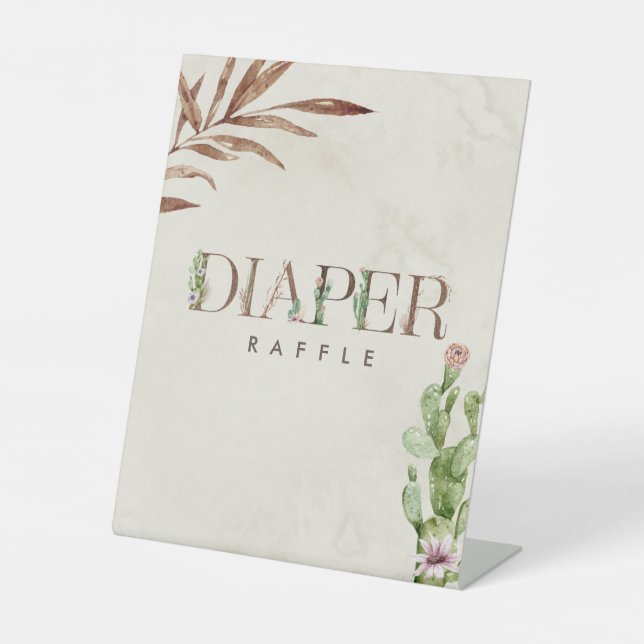Floral Cactus Leather Baby Shower Diaper Raffle Pedestal Sign (Front)