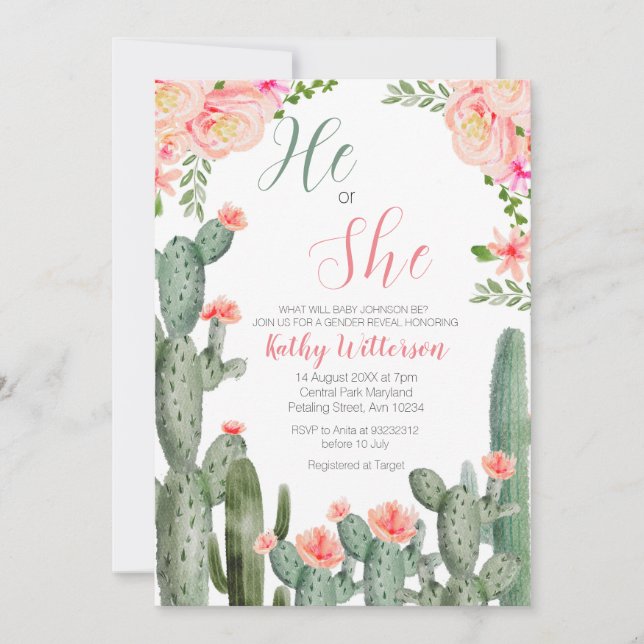 Floral Cactus Succulent He or She Gender Reveal  Invitation (Front)