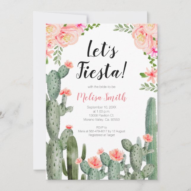 Floral Cactus Succulent Let's Fiesta Bridal Shower Invitation (Front)