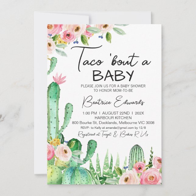 Floral Cacus Taco Bout A Baby Baby Shower Invitation (Front)