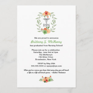 Floral caduceus Nurse pinning graduation BSN RN Invitation
