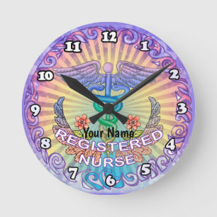 Floral caduceus RN Nurse Round Clock
