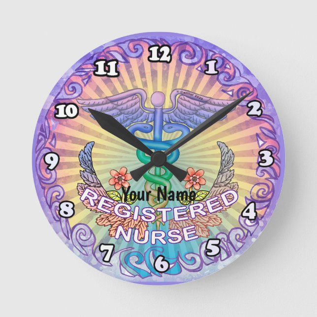 Floral caduceus RN Nurse Round Clock (Front)