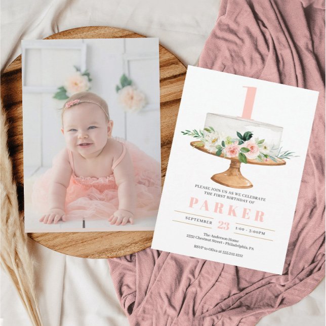 Floral Cake First Birthday Invite - Any Age Photo (Creator Uploaded)