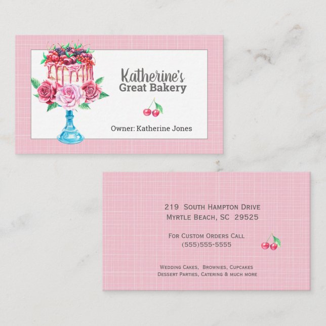 Floral Cake Stand Bakery Business Cards (Front/Back)