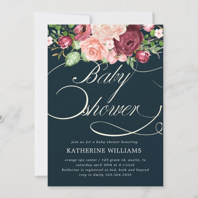 floral calligraphy baby shower invitation (Front)