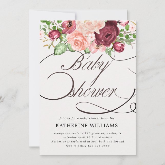 floral calligraphy baby shower invitation (Front)