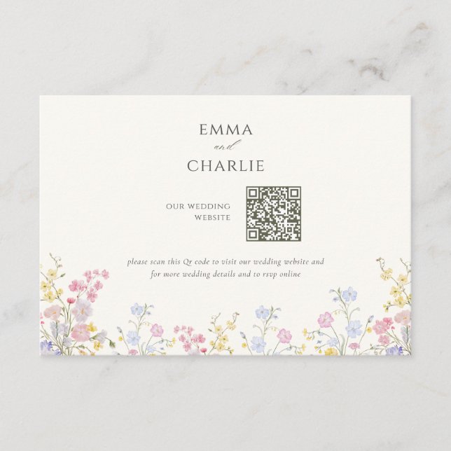 Floral Calligraphy QR Code Wedding Website Enclosure Card (Front)